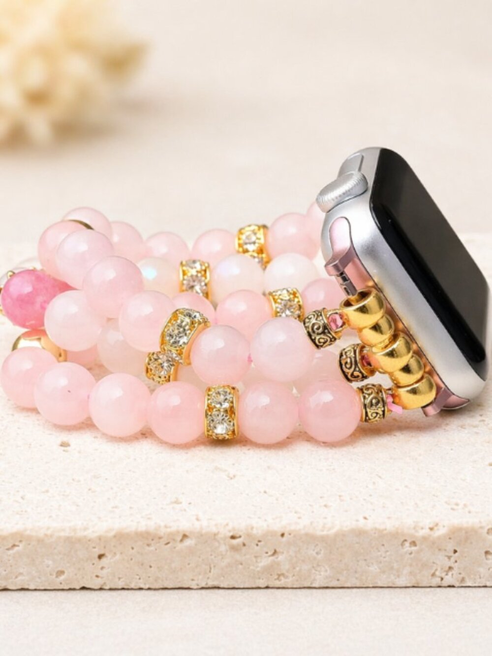 Apple Watch Band 38/40mm Rose Quartz Moonstone Beaded Stainless Steel Bracelet
